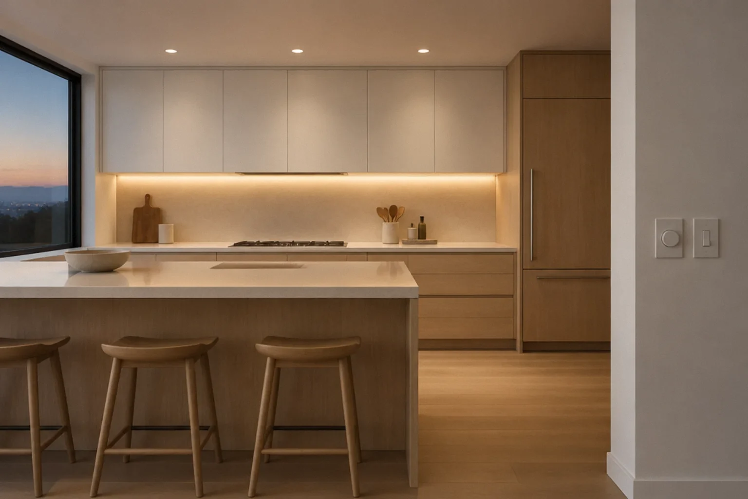 Kitchen with separately switched under-cabinet lighting and dimmable recessed downlights.