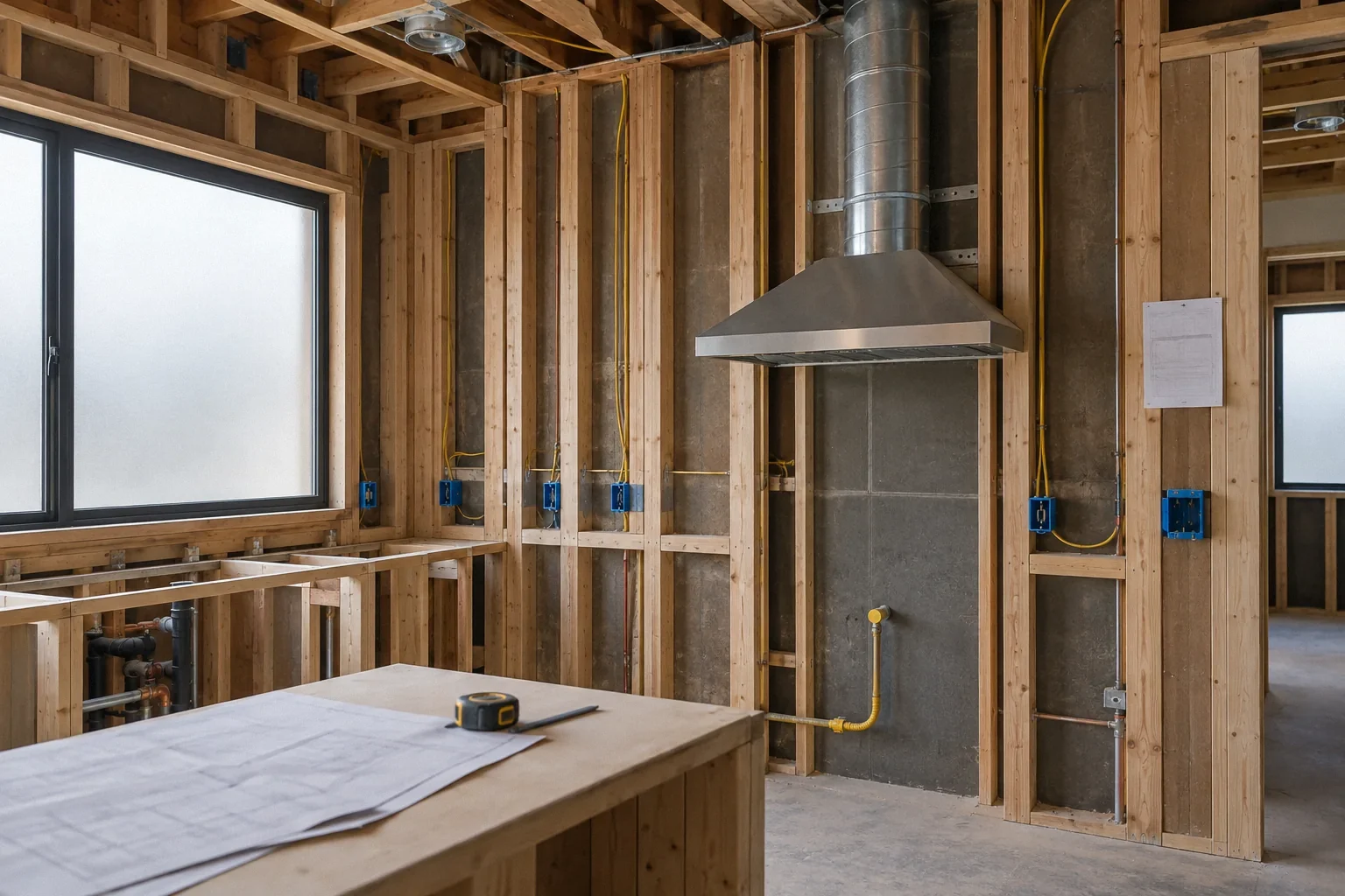 Kitchen remodel at rough inspection with electrical, gas and duct work visible.