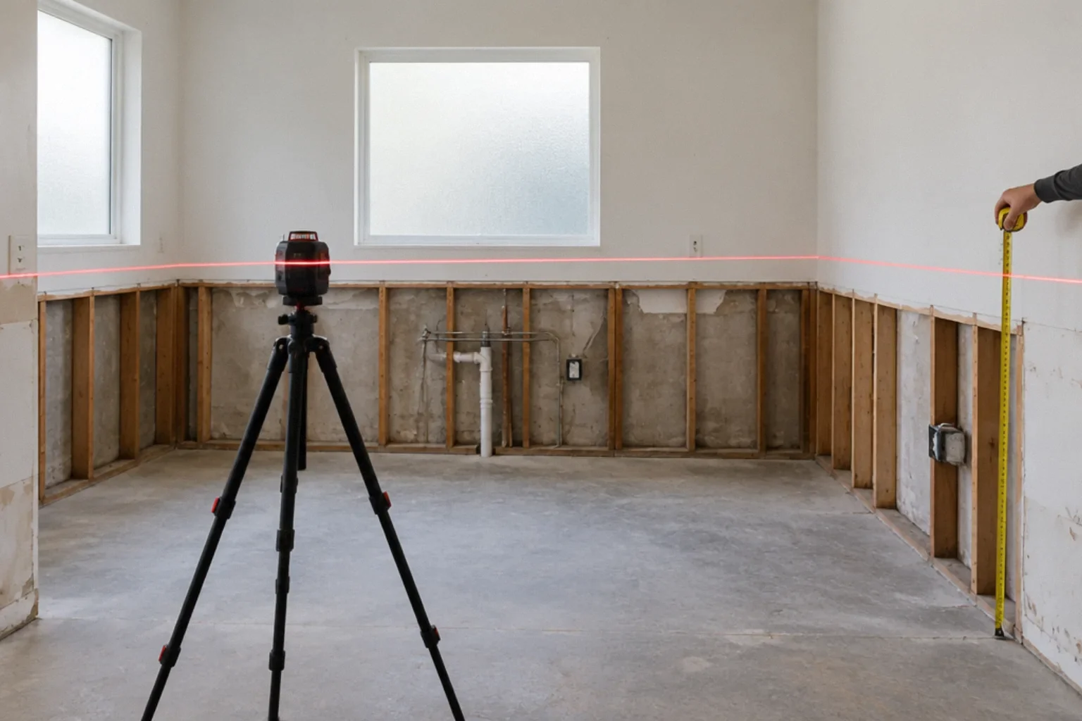 Cross-line laser projecting a level reference line in a kitchen under renovation.