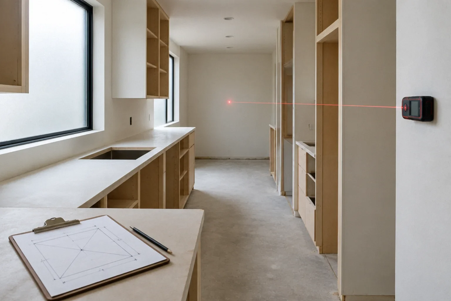 Laser distance measurer and a kitchen planning sketch.