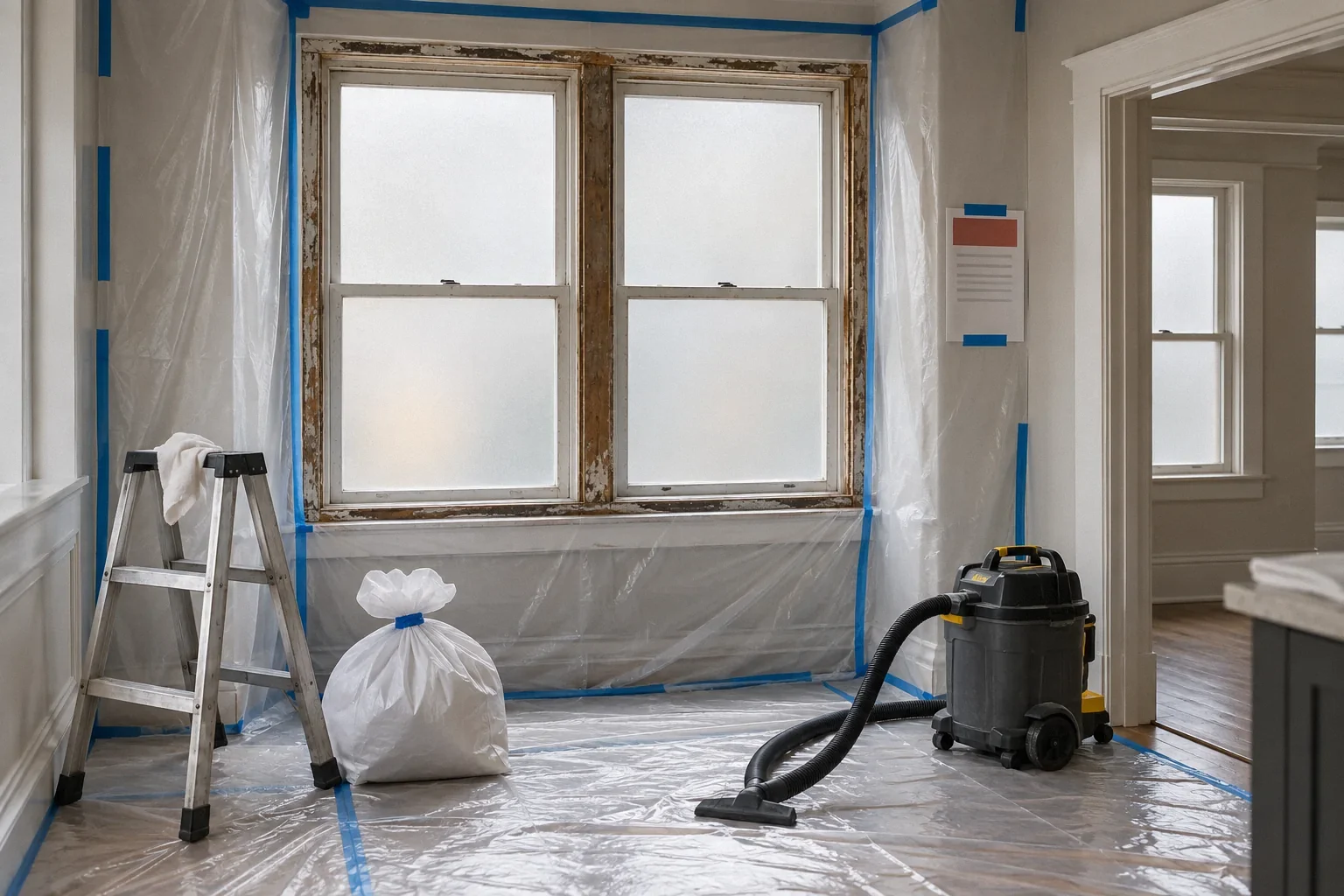 Lead-safe containment around a window being replaced in an older home.