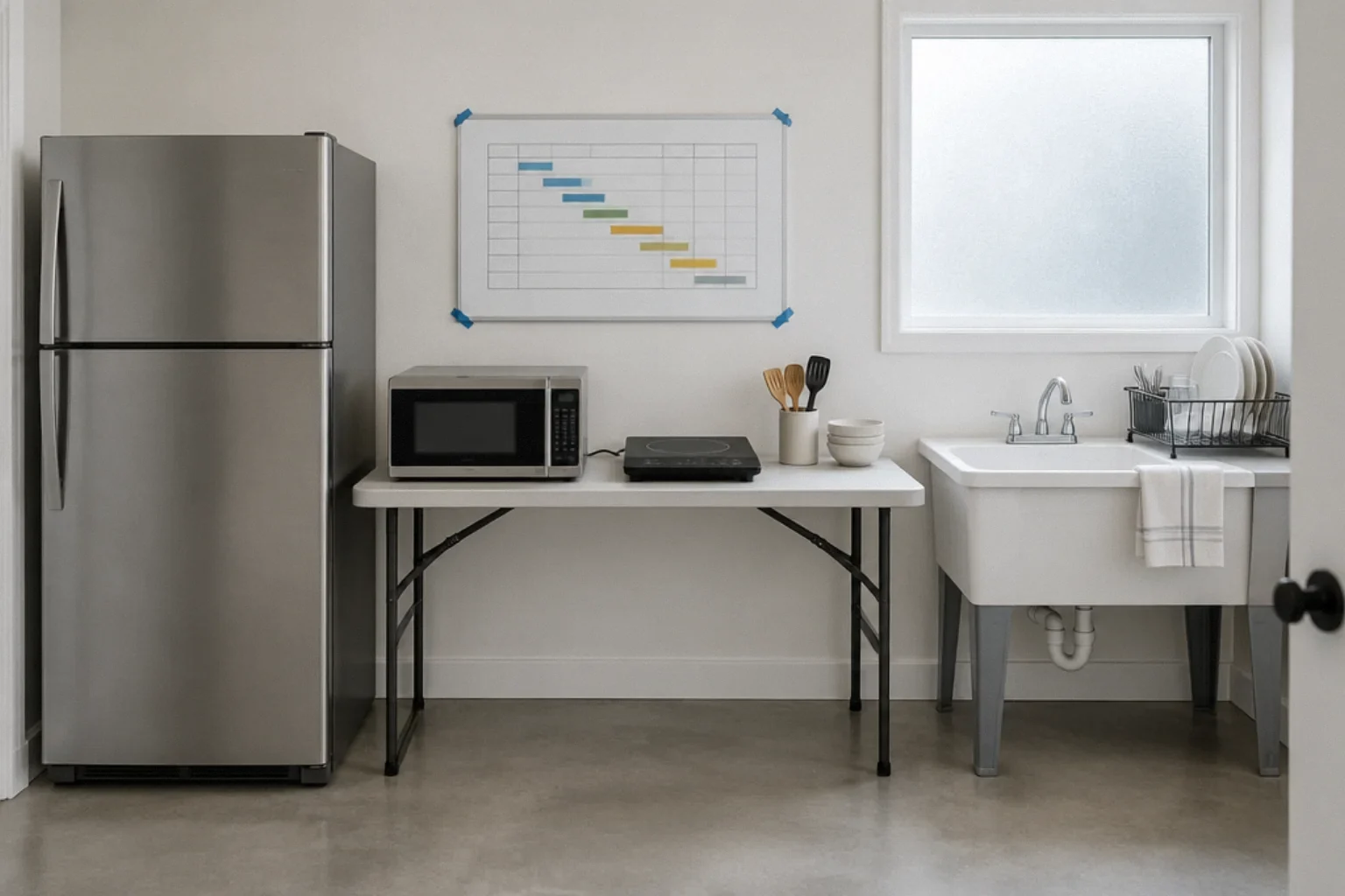Temporary kitchen set up in a laundry room during a kitchen remodel.