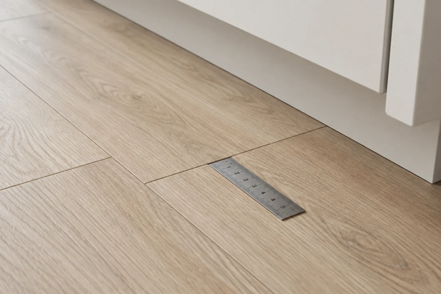Gap between vinyl planks near a kitchen cabinet measured with a ruler.
