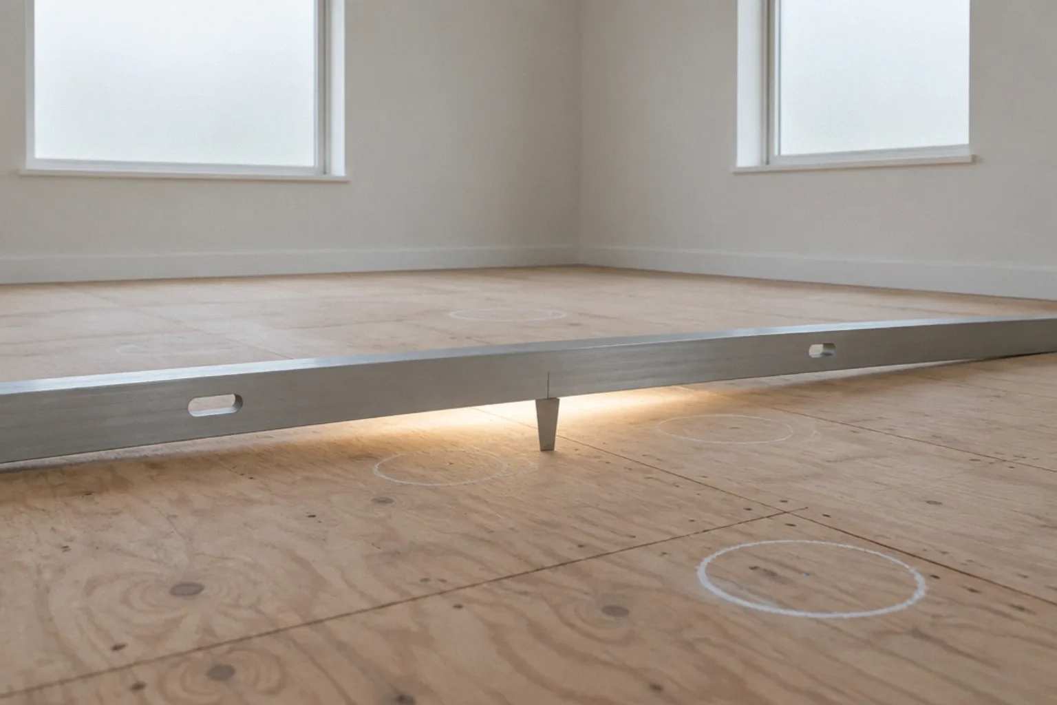 Measuring subfloor flatness with a straightedge before installing vinyl plank.