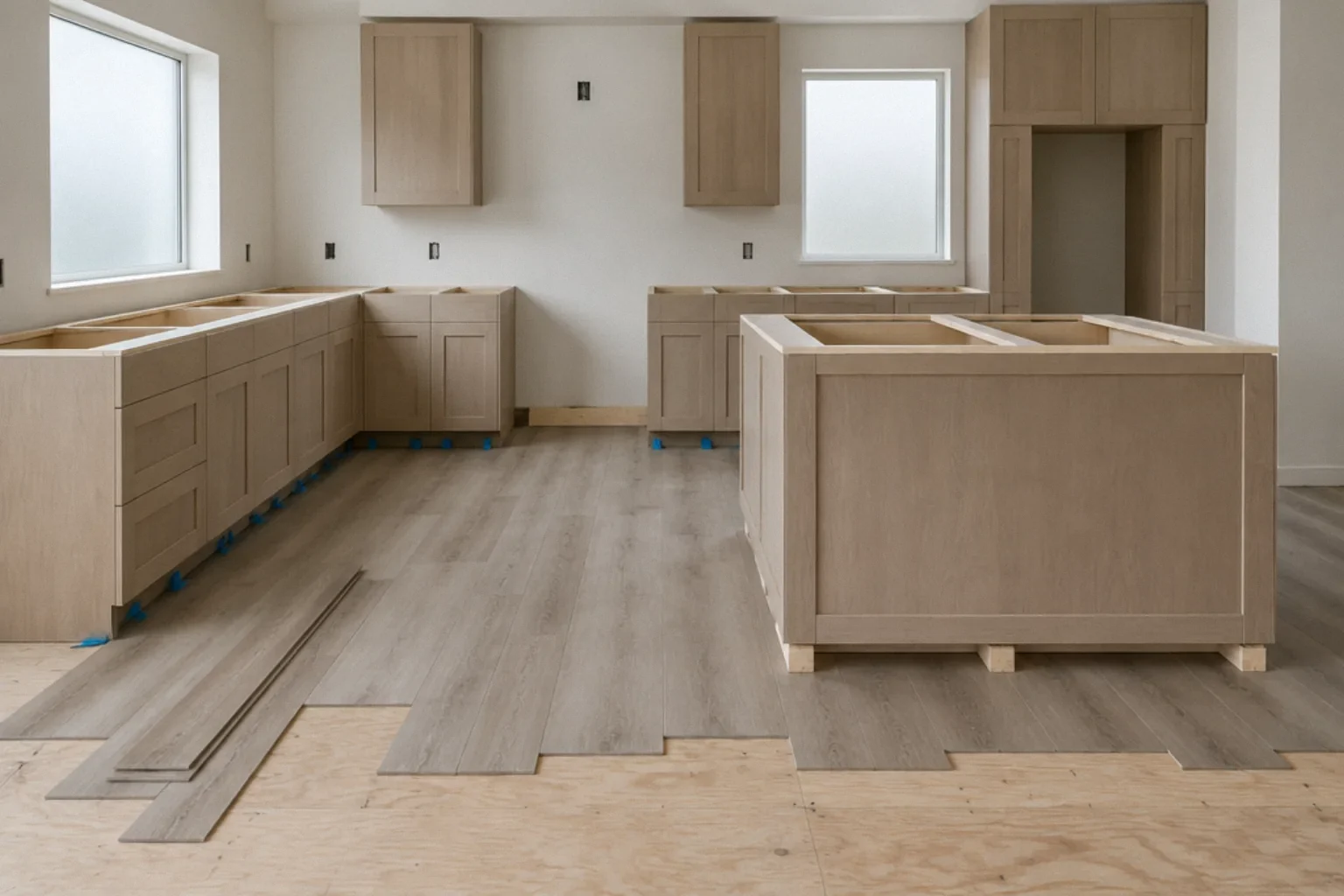 Vinyl plank flooring installed up to kitchen cabinets with an expansion gap.