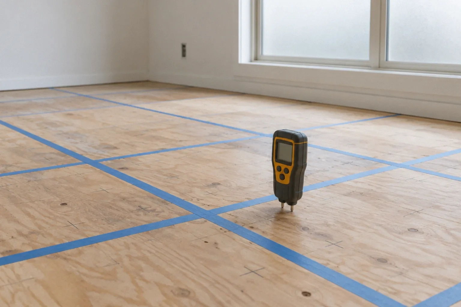 Moisture meter readings mapped on a plywood subfloor before flooring installation.