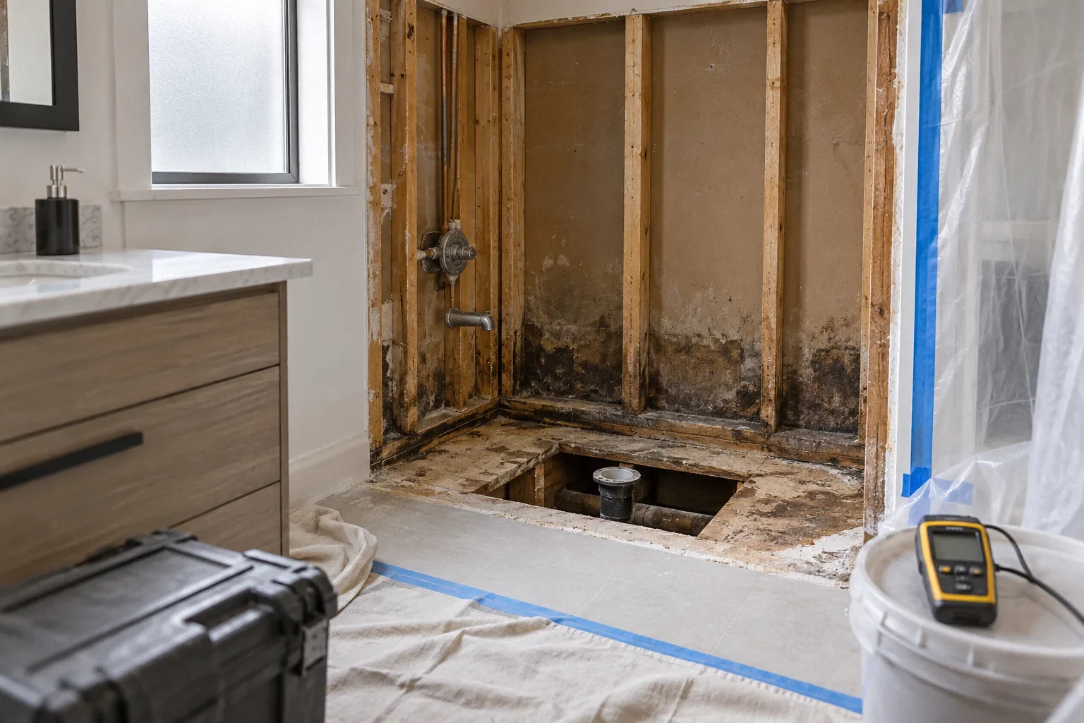 Mold-stained studs and damaged subfloor exposed behind a tub during a remodel.