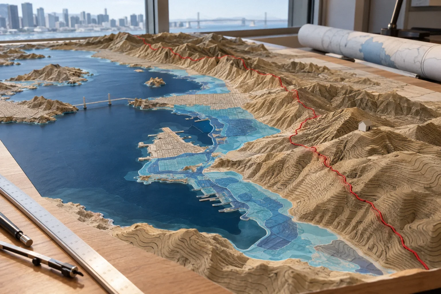 A conceptual terrain model with flood-zone overlays, a fault line and a house marker.