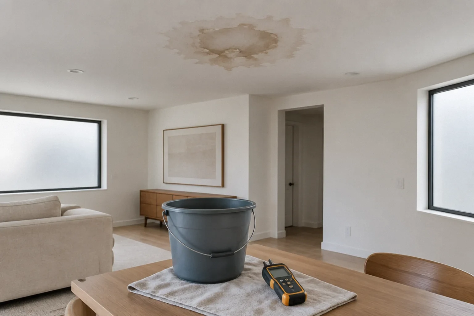 Ceiling water stain below a bathroom with a bucket and moisture meter nearby.