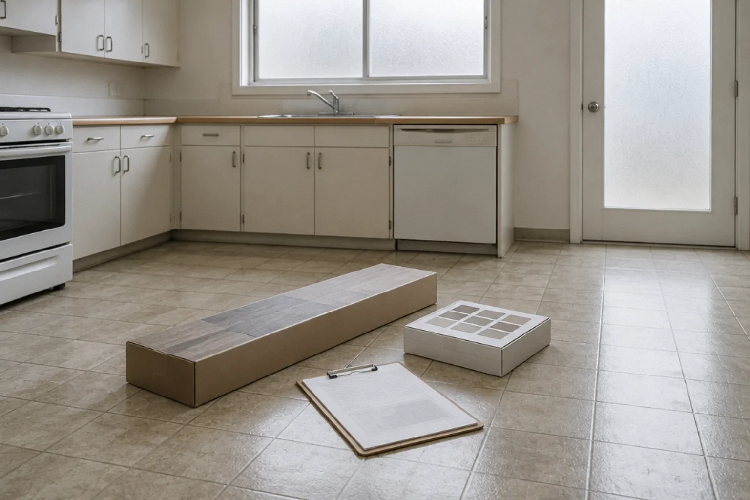 Intact old vinyl tiles beside packaged new flooring and testing paperwork.