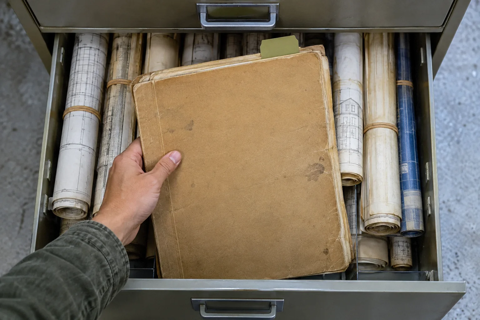 A hand retrieving an old building-permit folder from a records drawer.