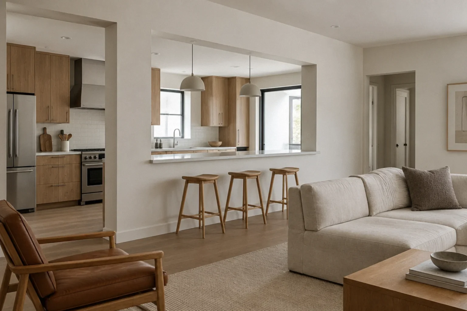 A counter-height partition and pass-through connect a kitchen and living room.