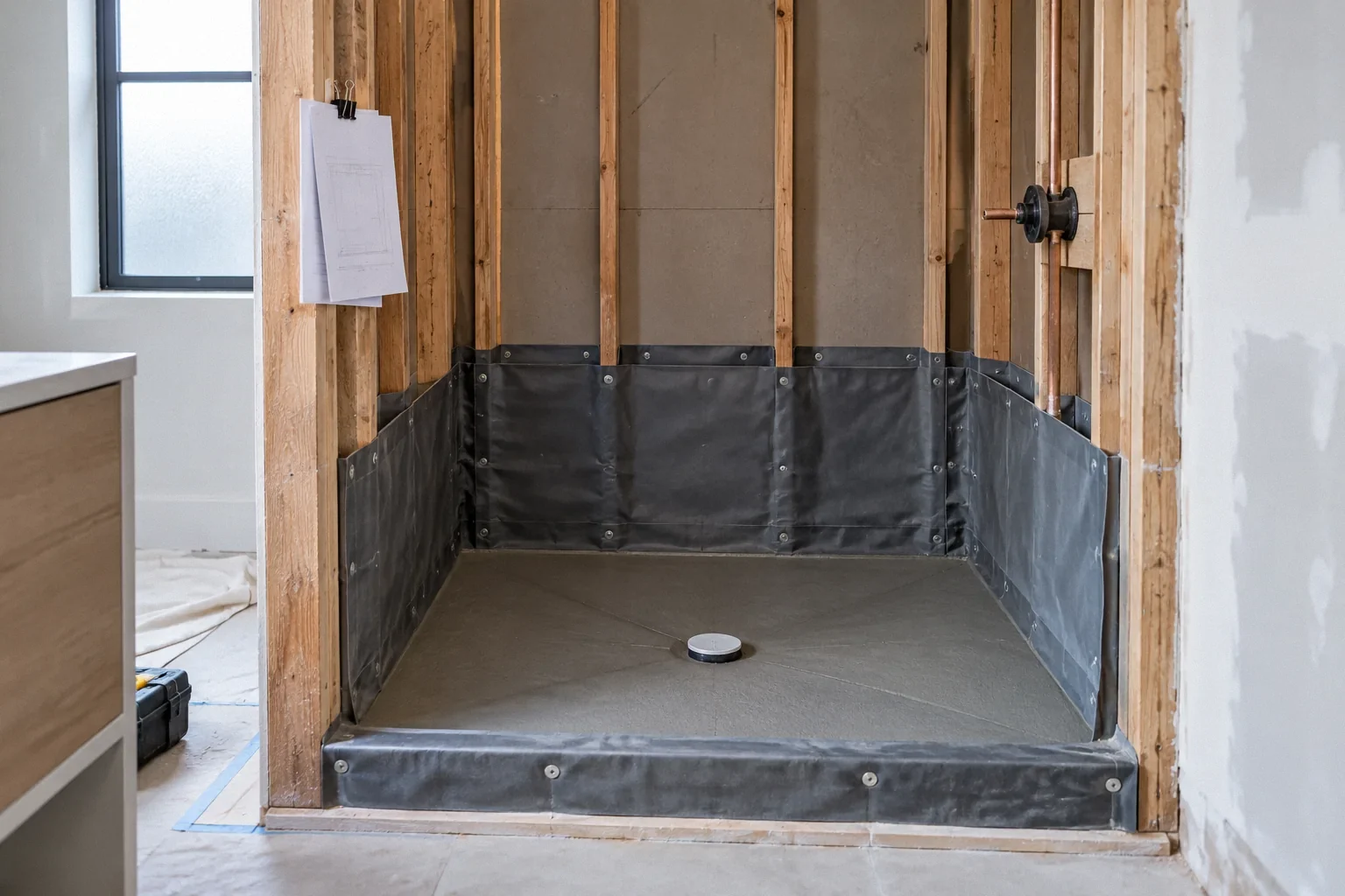 Shower pan ready for inspection before tile.