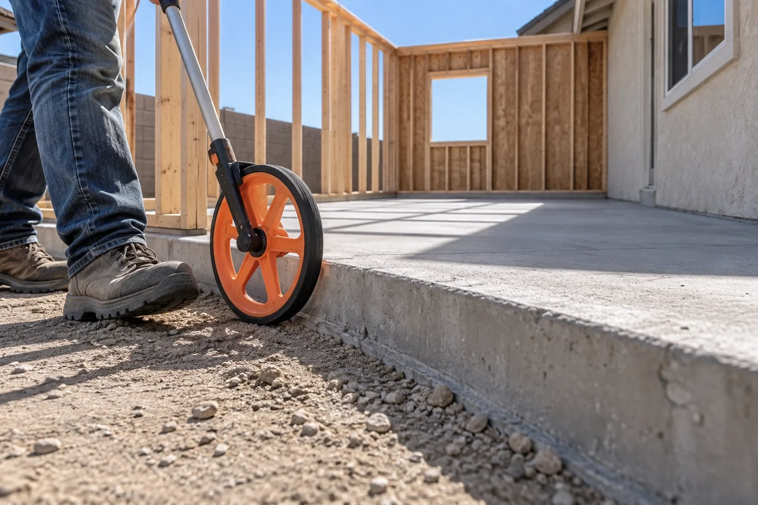 A measuring wheel along the footprint of a new room addition.
