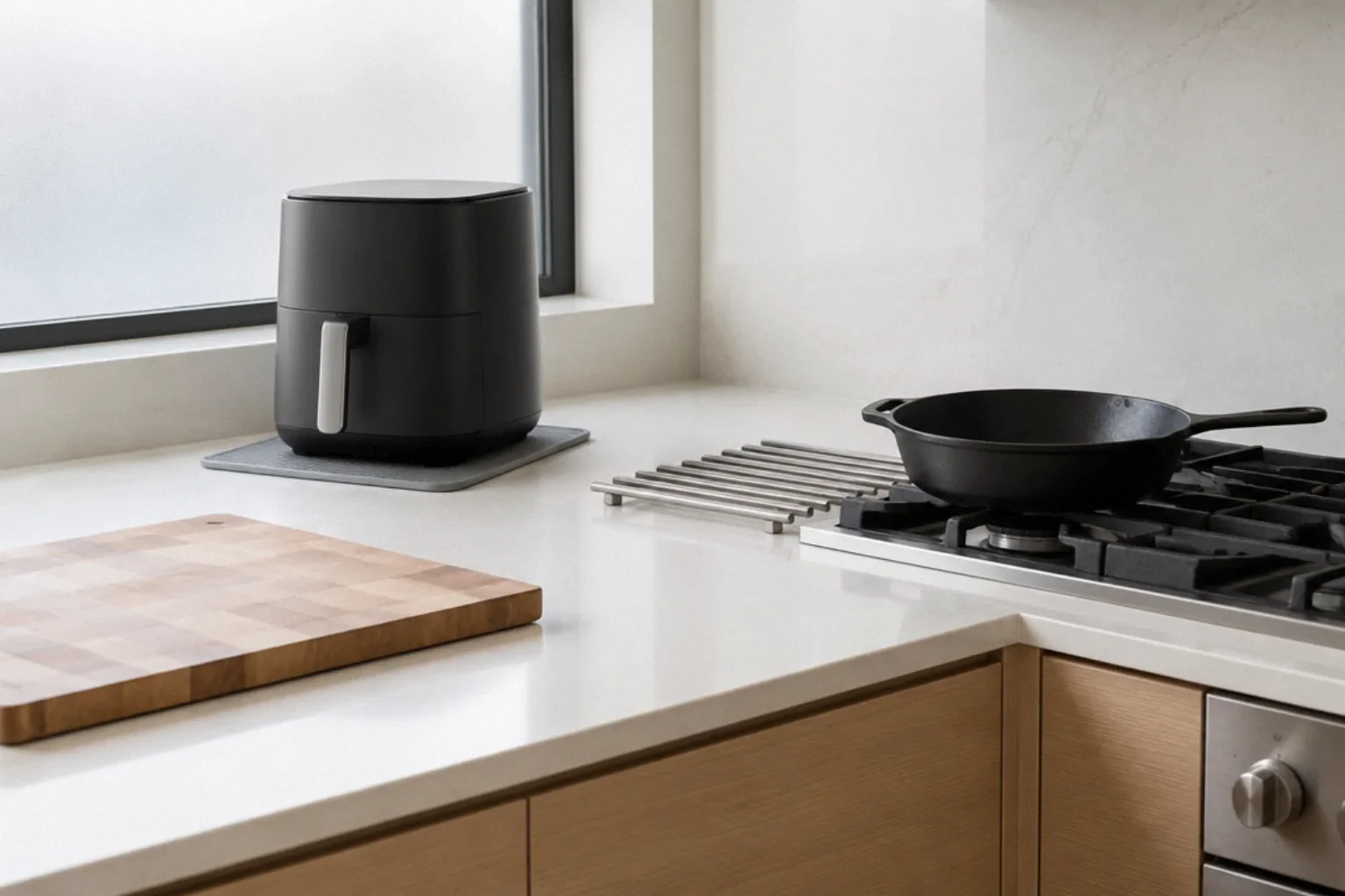 Appliance mat and cookware kept off a quartz preparation surface.
