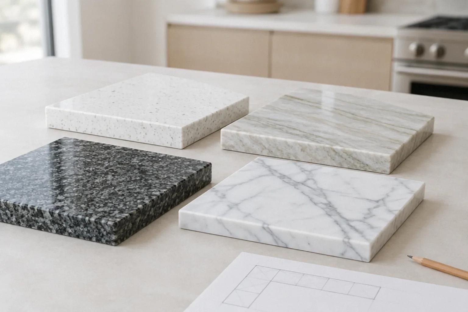 Four contrasting countertop samples beside a seam layout drawing.