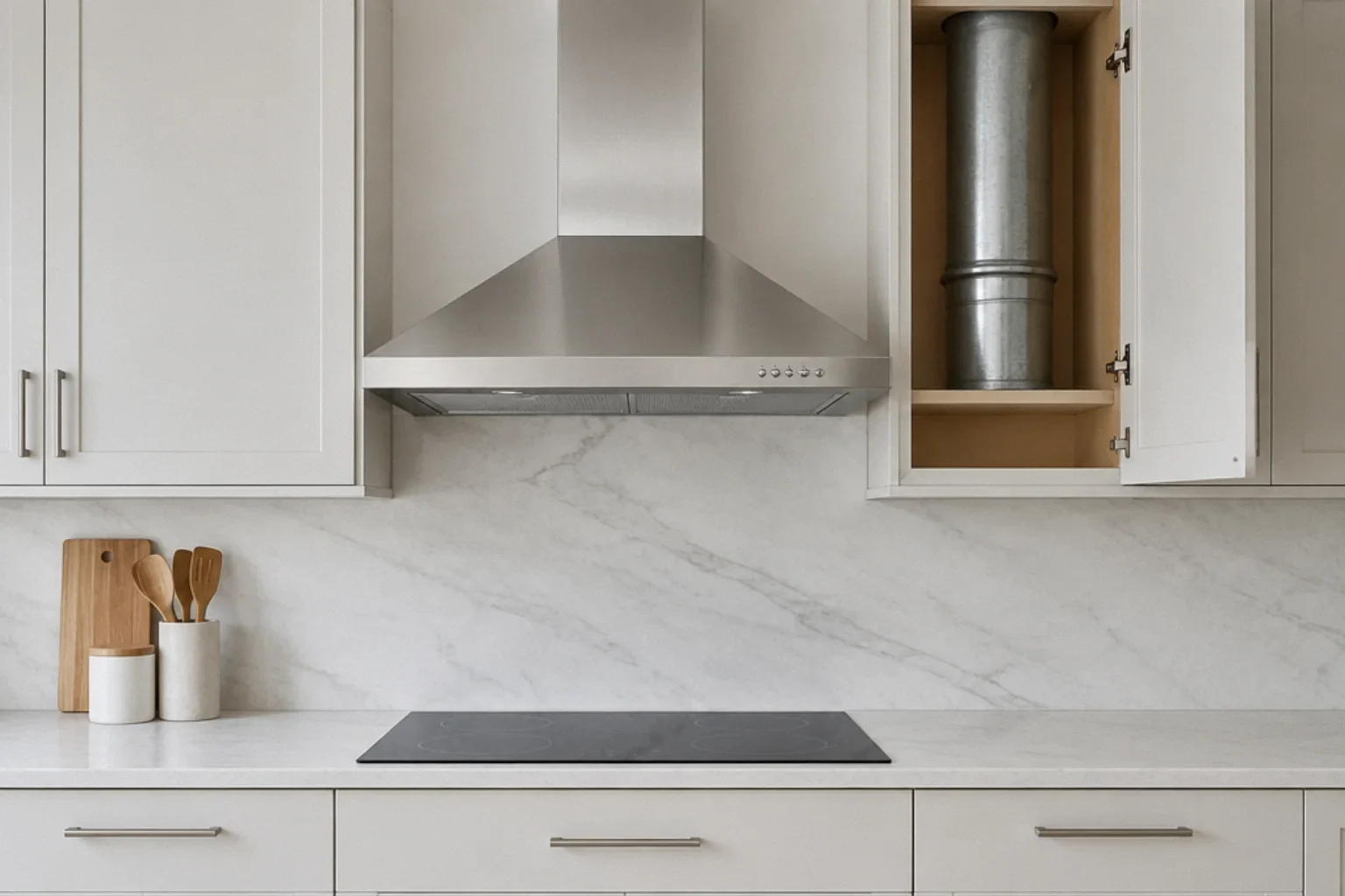 Range hood above an induction cooktop with metal exhaust duct visible in an upper cabinet.