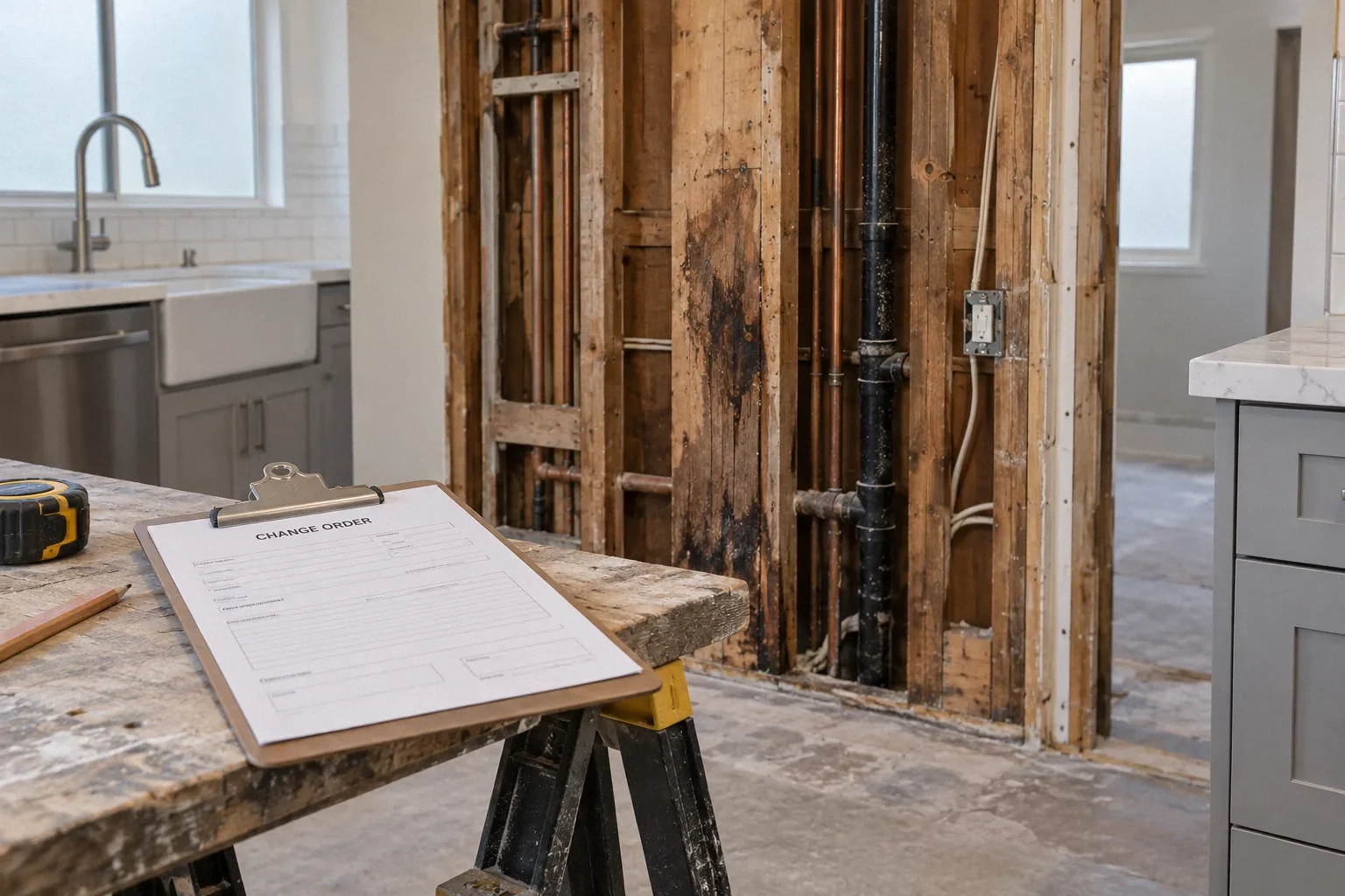 Hidden framing damage exposed during a remodel next to a written change order.