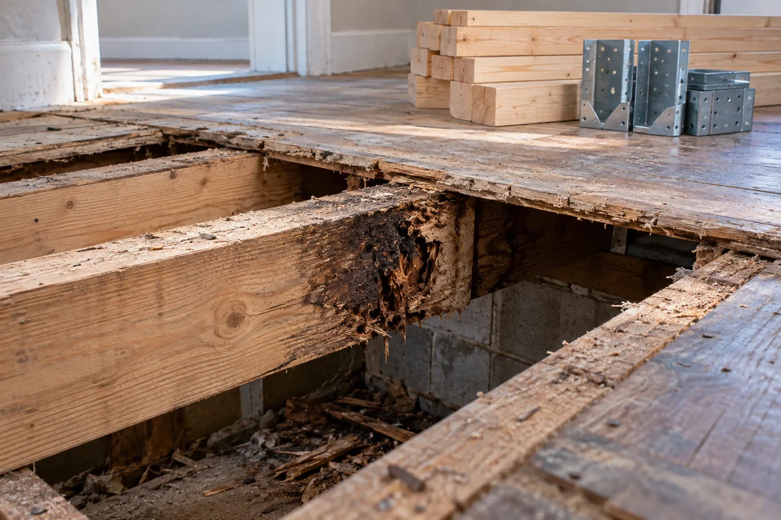 A damaged floor joist exposed during a remodel beside replacement lumber and repair brackets.