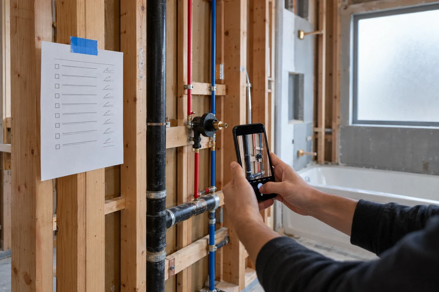 Documenting rough-in work and the inspection card before walls are closed.