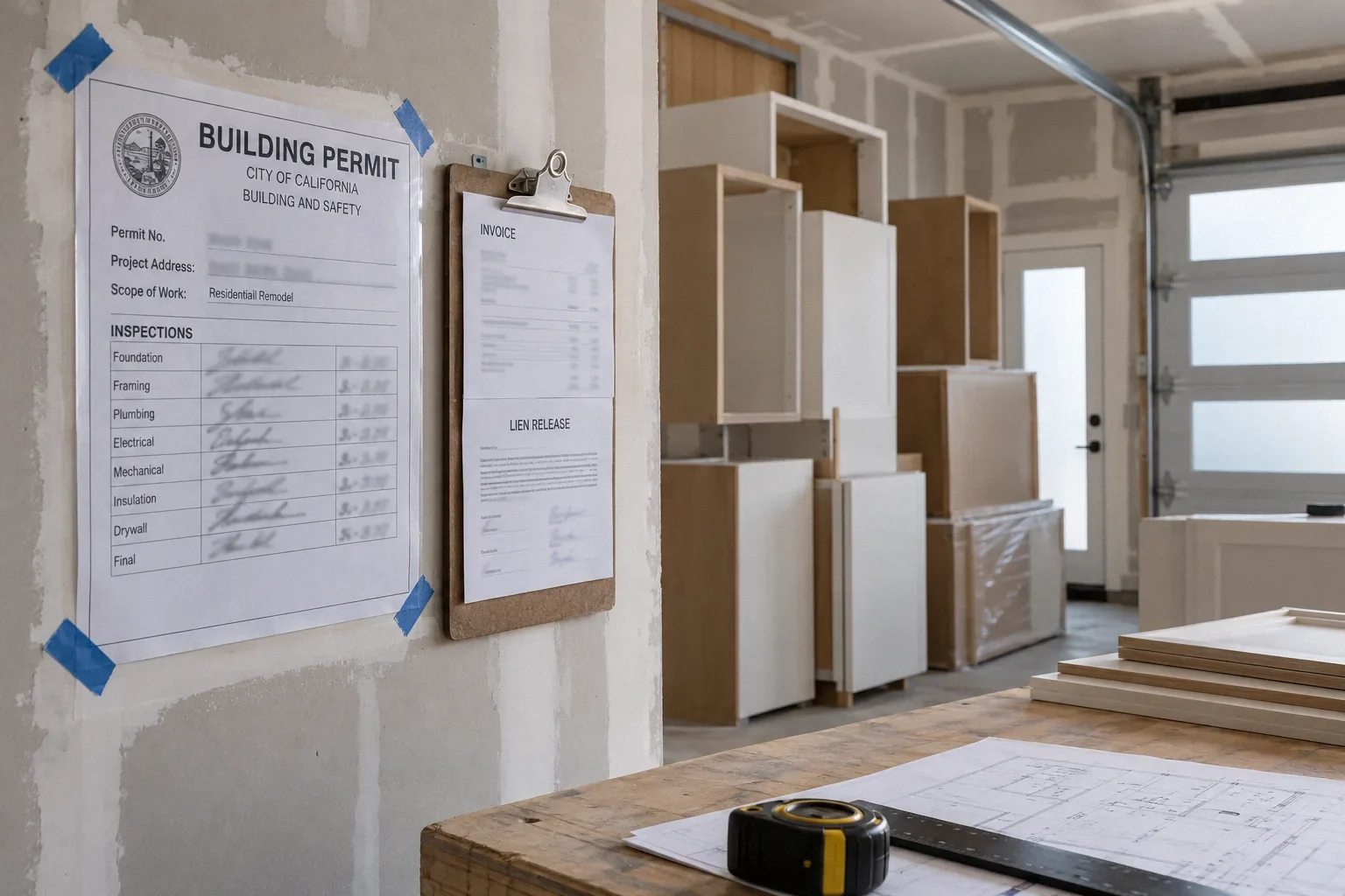 Permit inspection card and payment paperwork at a remodel site.