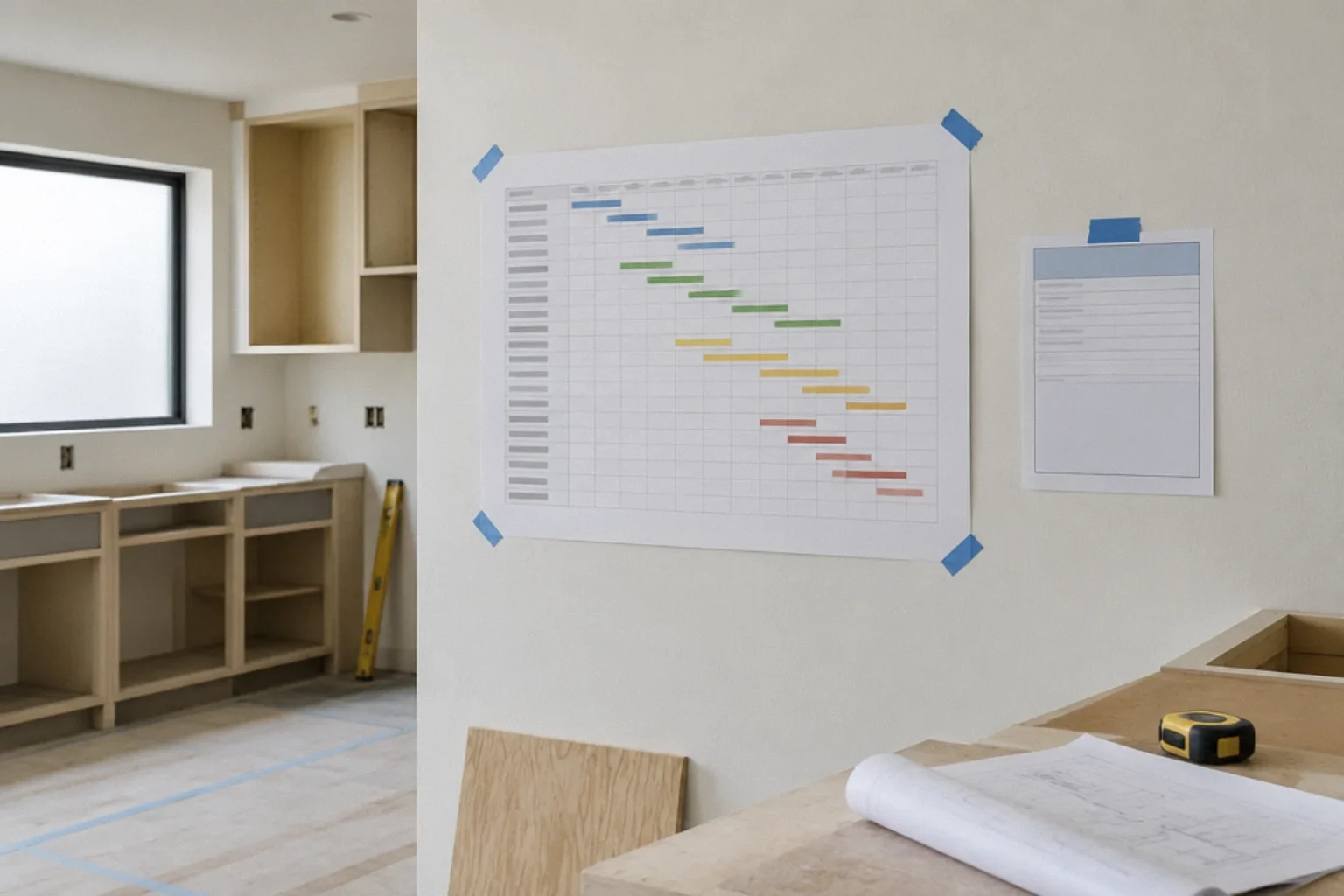 Phase-by-phase remodel schedule posted in a kitchen under construction.