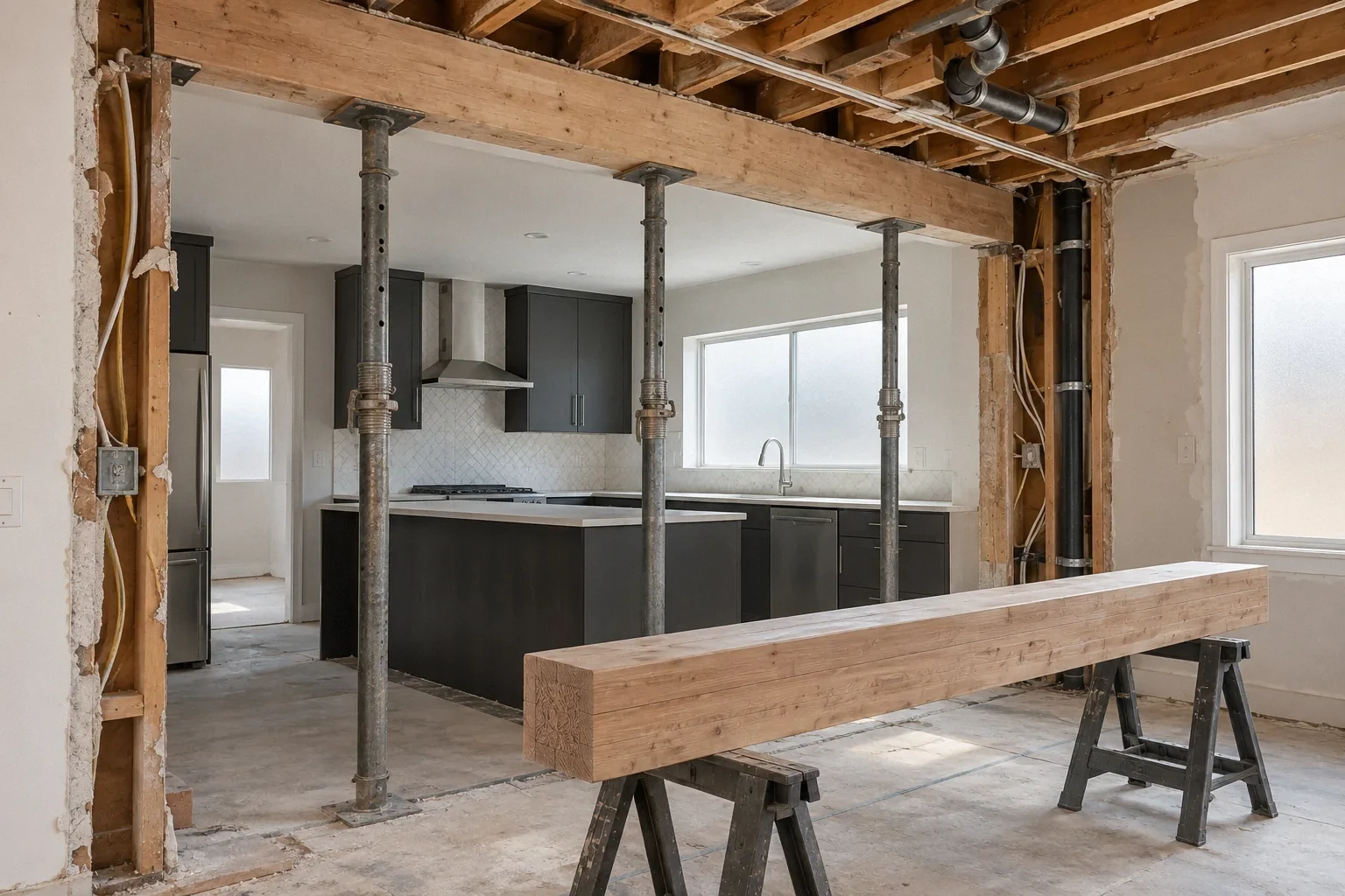 Temporary shoring and a new beam during removal of a load-bearing kitchen wall.