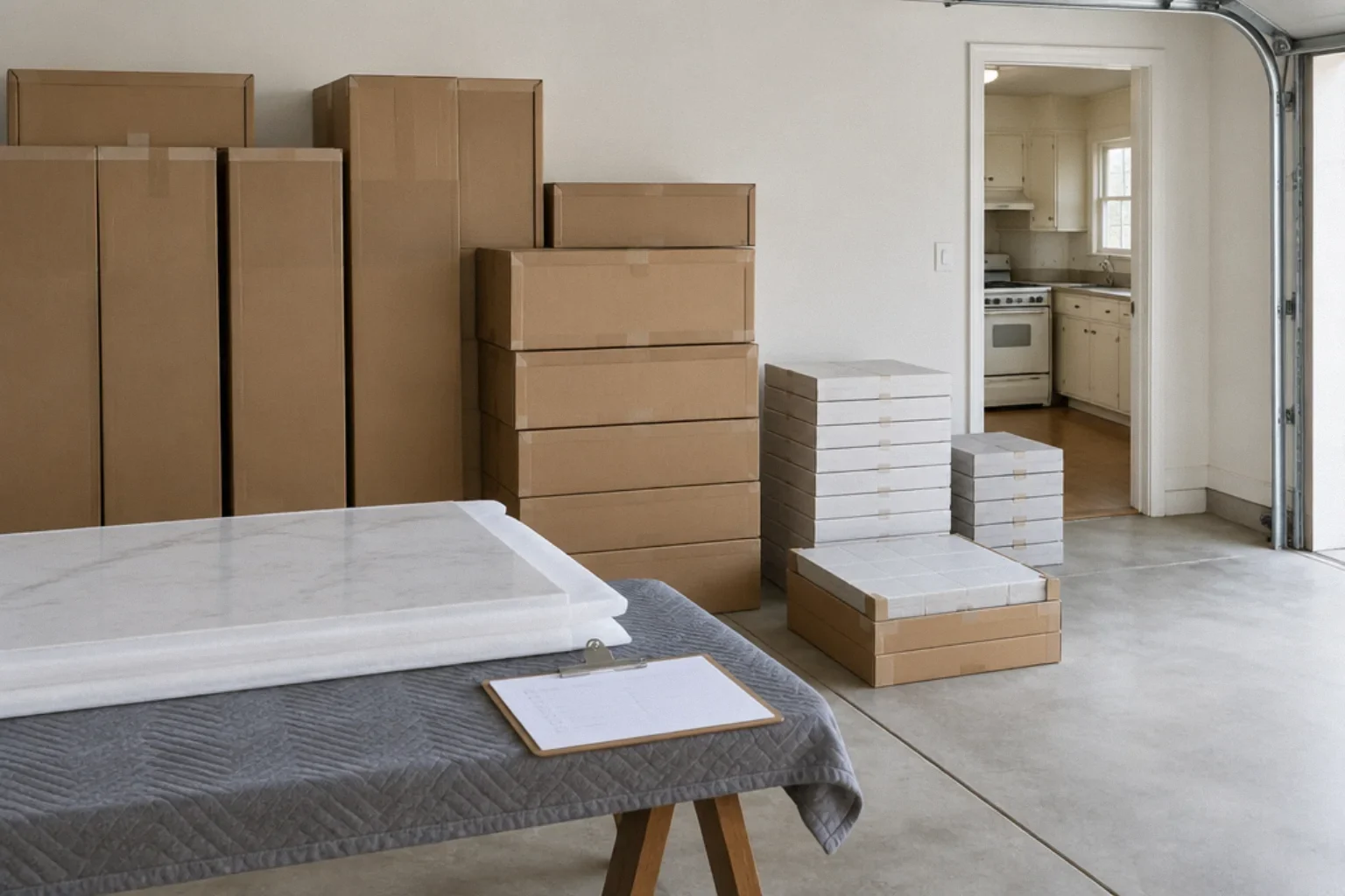 Remodel materials delivered and staged before installation.
