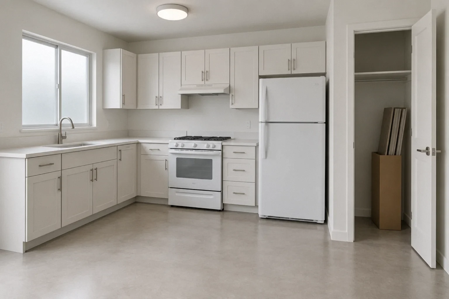 Durable rental kitchen remodel with spare flooring kept for repairs.