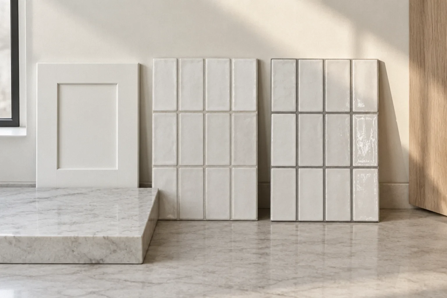 Backsplash tile mock-up with two grout colors beside cabinet and countertop samples.