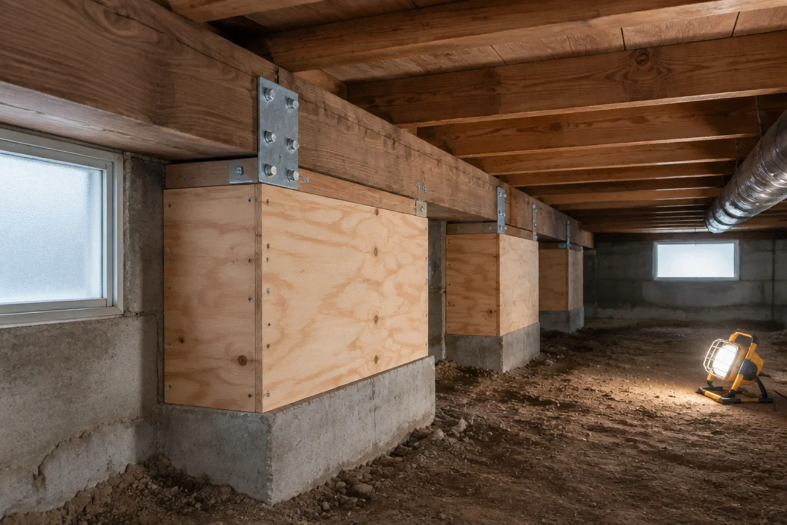 Cripple wall bracing and foundation bolting in a crawlspace retrofit.