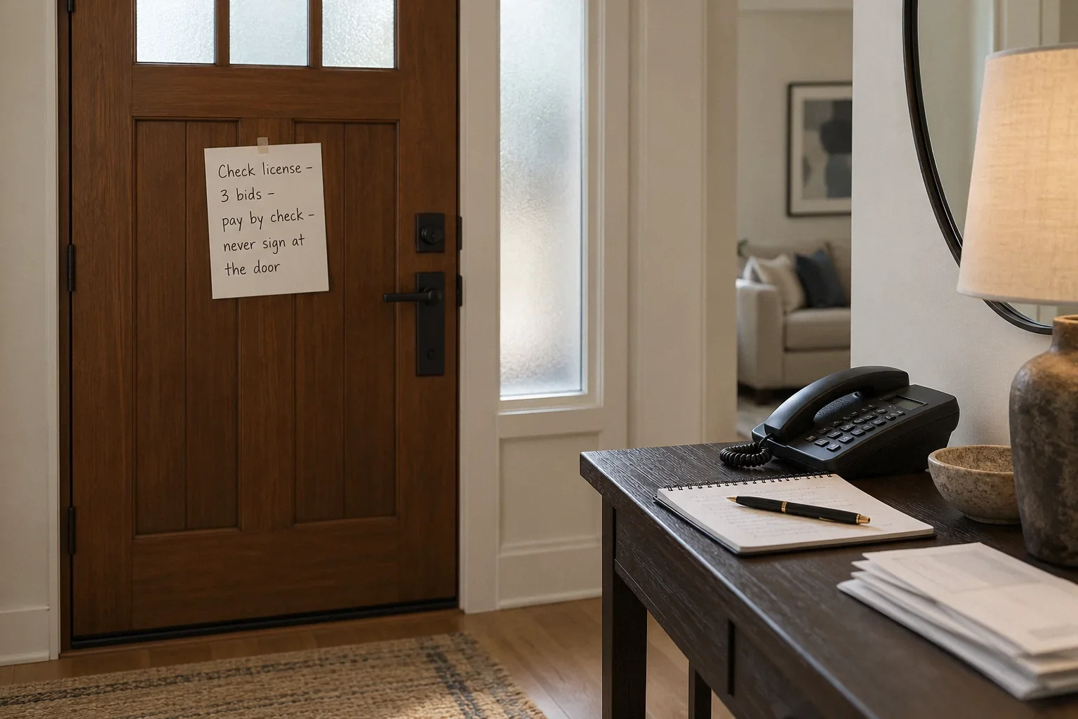 Household reminder to verify contractors before signing.