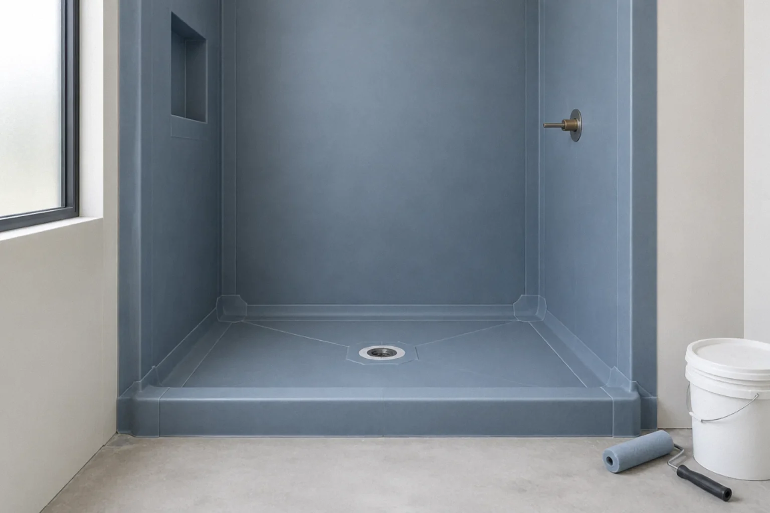 Shower walls and floor coated with a waterproofing membrane before tile.