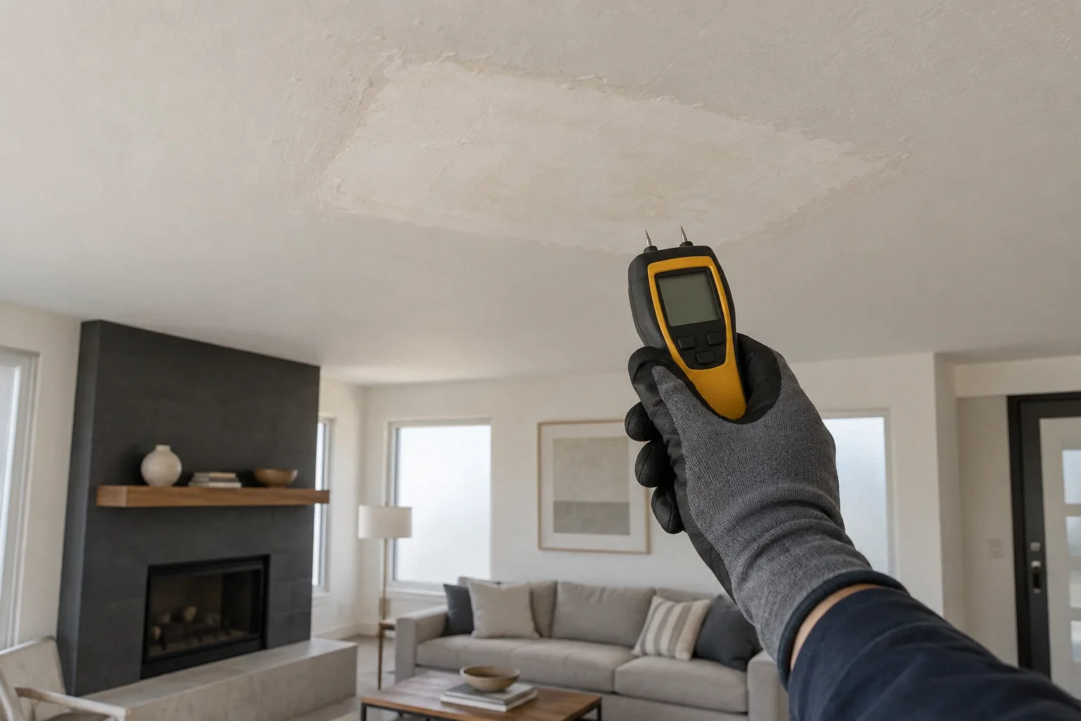 Fresh paint patch on a ceiling below a bathroom being checked with a moisture meter.