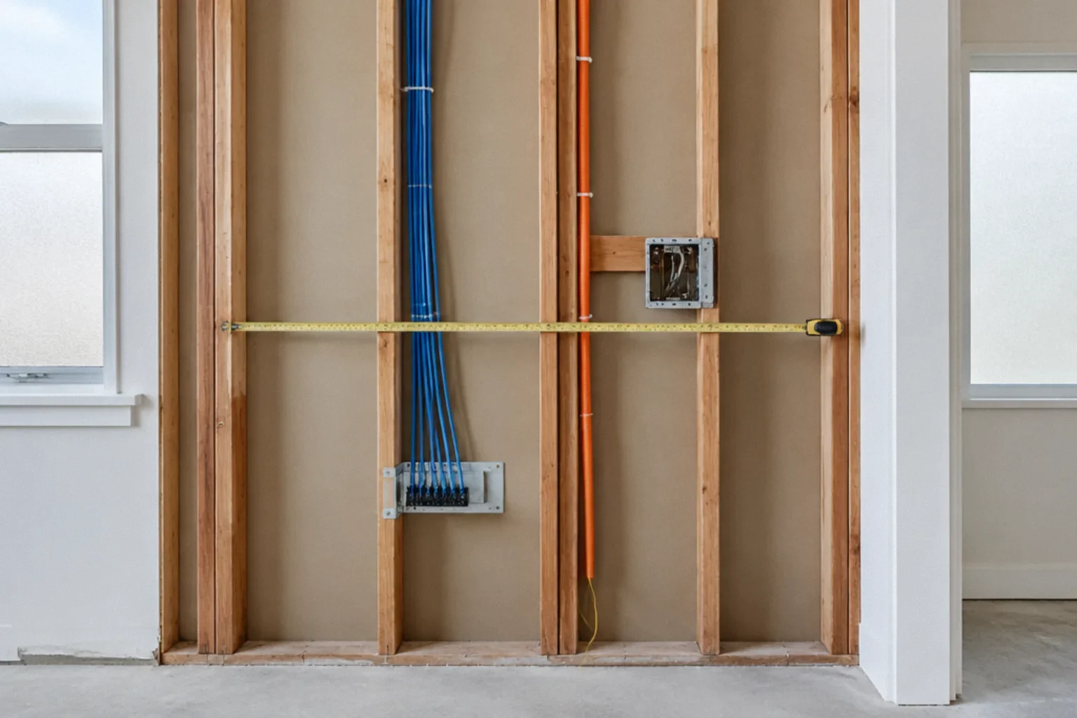 Labeled network cabling and conduit installed before drywall.