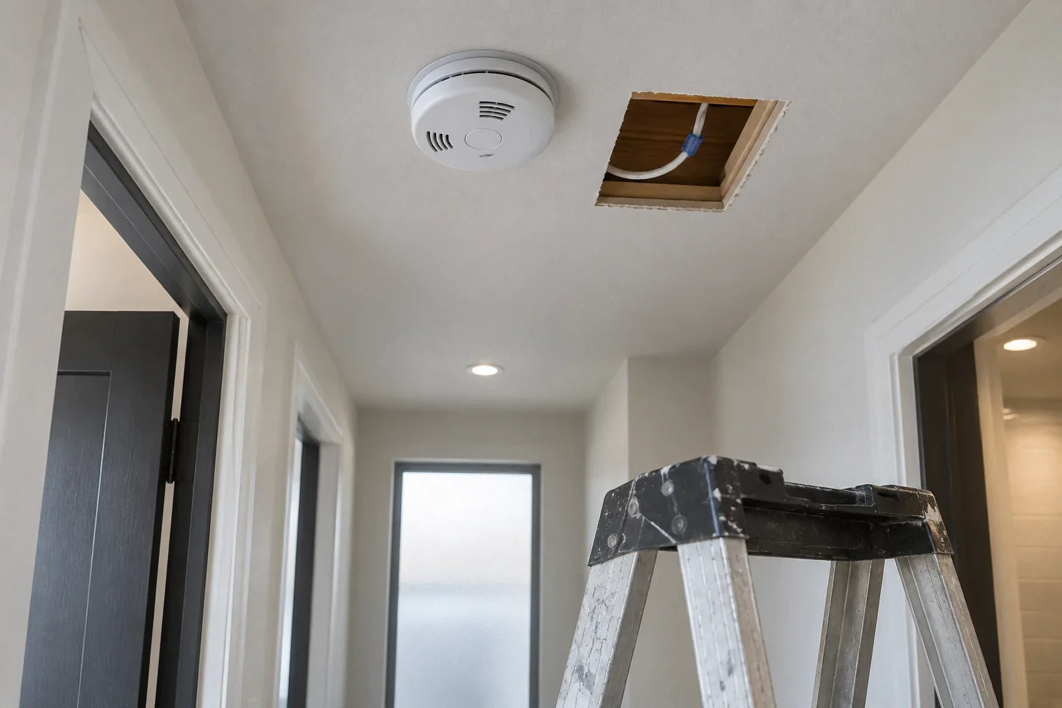 Hardwired smoke and carbon monoxide alarm installed in a hallway ceiling during a remodel.