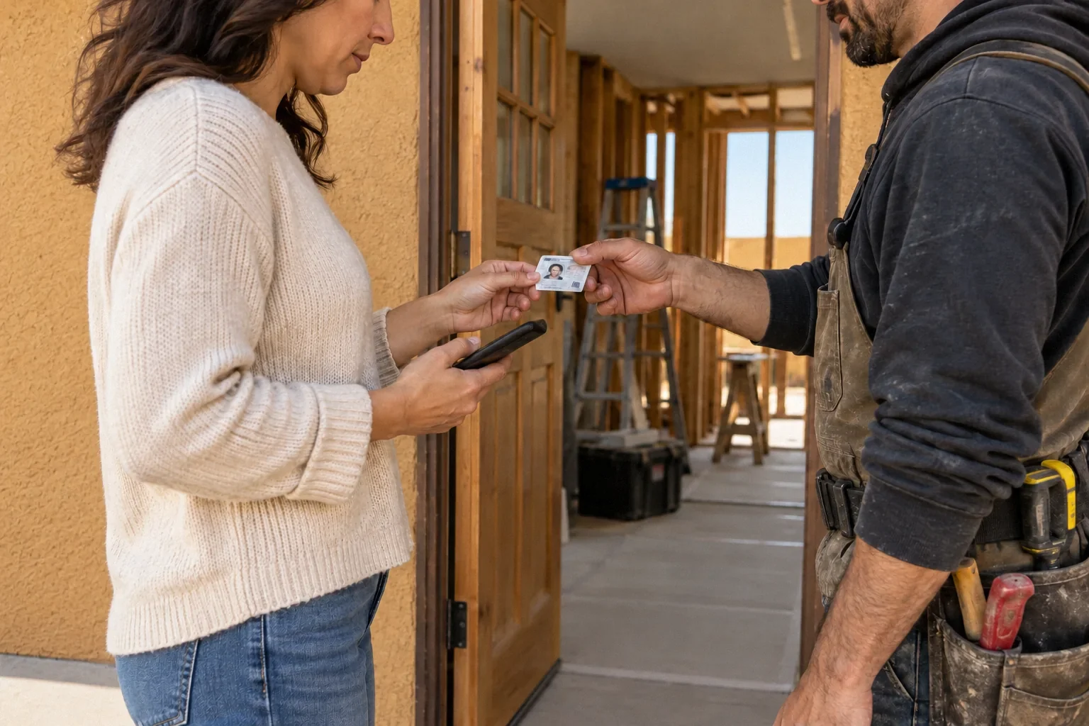 A homeowner checking a remodeling worker's identification at the doorway.