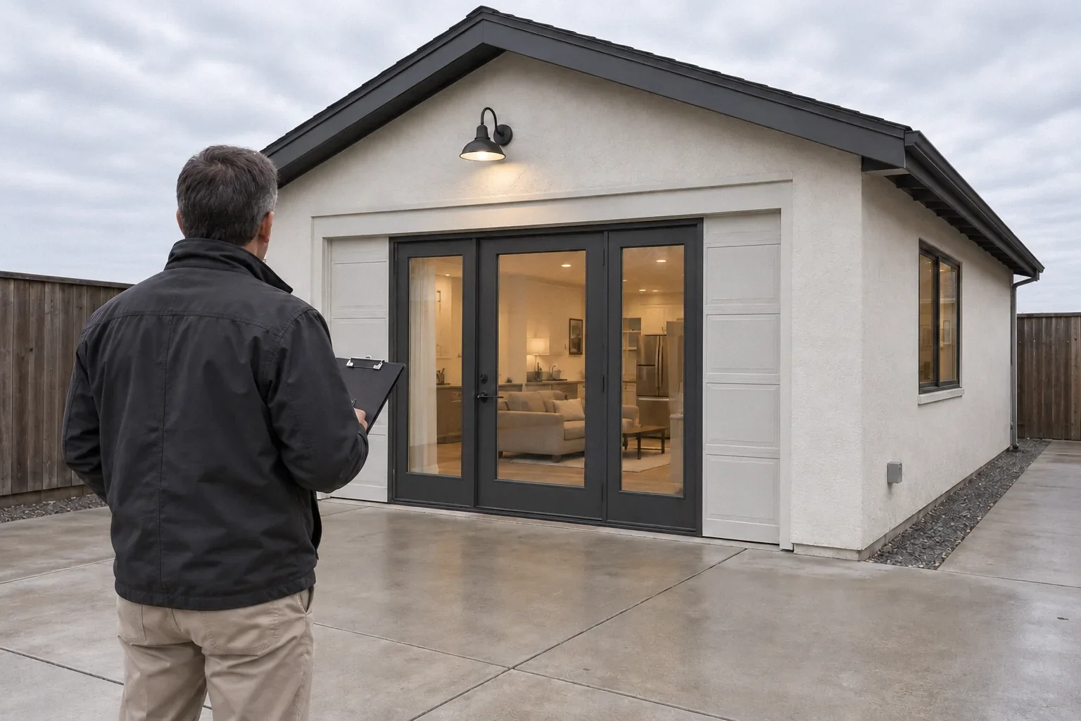An assessor examining a garage conversion from outside the house.