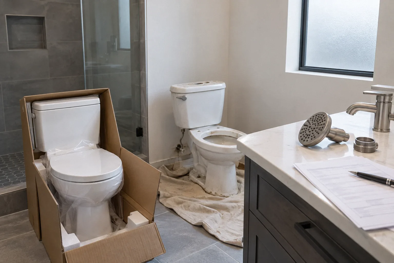 Old and new plumbing fixtures with a permit certification form during a bathroom remodel.