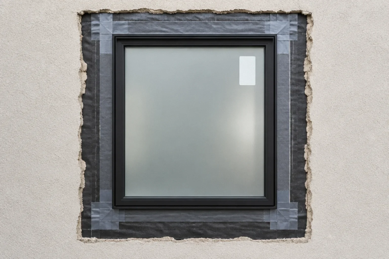Full-frame replacement window flashed into a stucco wall before patching.