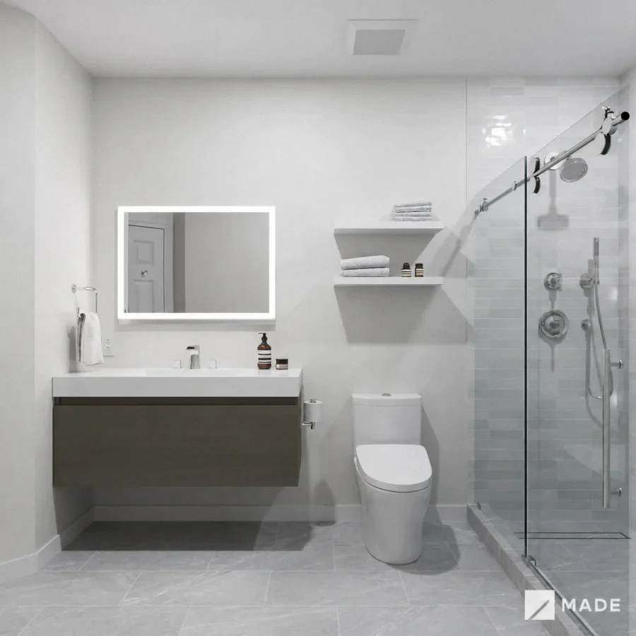 Bathroom design with showers, vanities