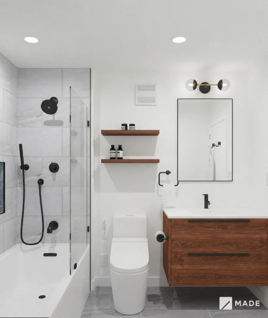 Bathroom design with showers, vanities
